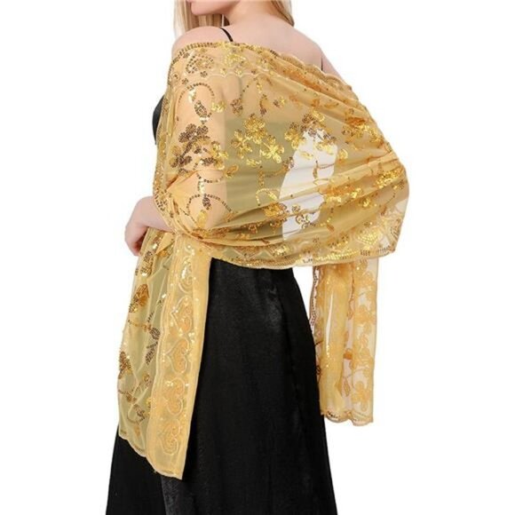 Gold Sequin Glitter Lace Bridal Shawls Wraps Scarves Formal Evening Dress Scarf - Picture 5 of 6